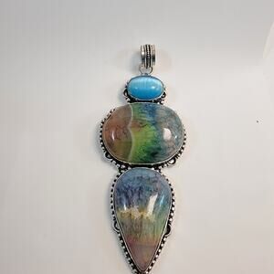 Handmade Rainbow Fluorite and Blue Chalcedony Pendant in Sterling Silver Setting
